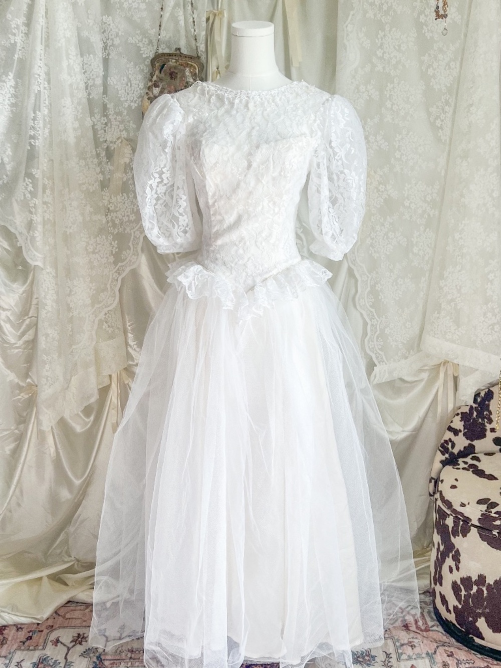 Vintage Gunne Sax White Lace Puff Sleeve Bridal Dress Jessica McClintock Fairy
